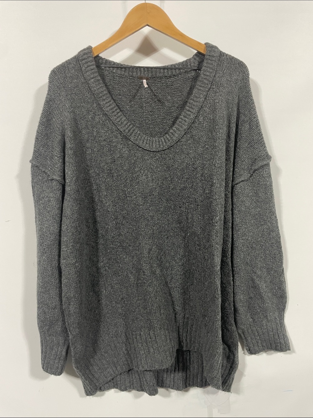 Free People Gray V-Neck Oversized Knit Sweater